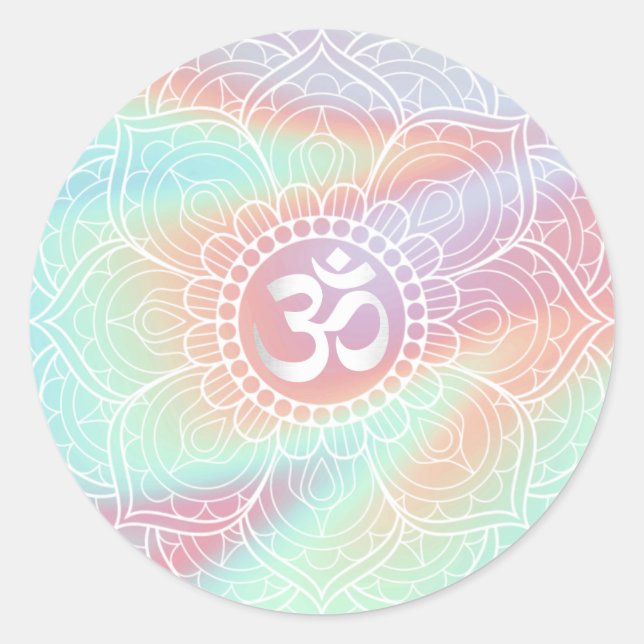 Lotus Mandala Namaste Yoga Holographic Pastel Classic Round Sticker (Front)