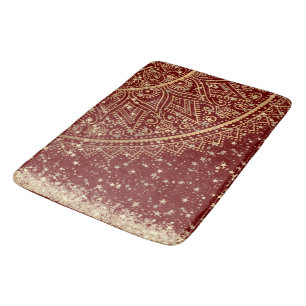 Lotus Mandala with Glitter Gold Stars on Red Bath Mat