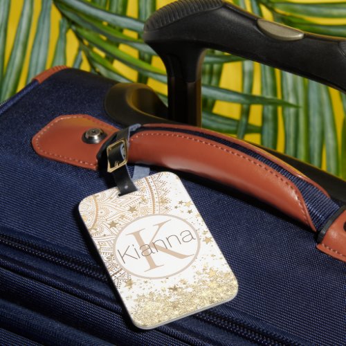 Lotus Mandala with Glitter Stars Monogram   Luggage Tag
