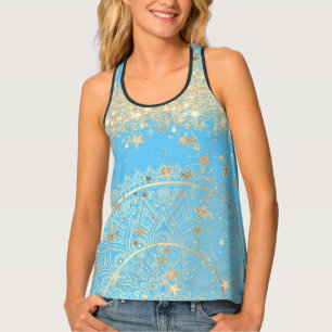 Lotus Mandala with Gold Stars Glitter on Blue Tank Top
