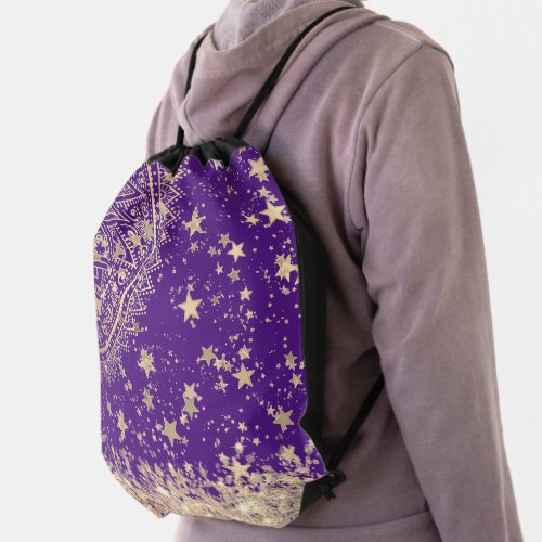 Lotus Mandala with Gold Stars Glitter on Purple  Drawstring Bag