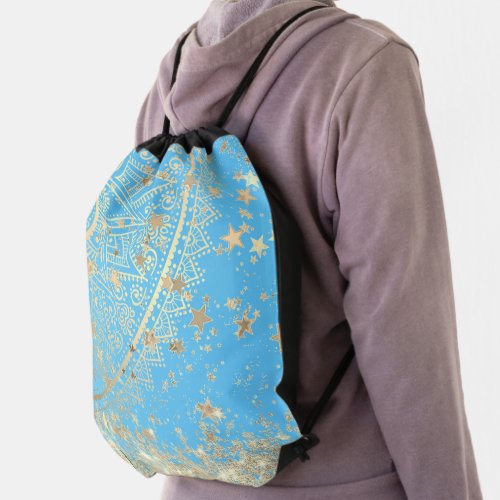 Lotus Mandala with Gold Stars Glitter on Turquoise Drawstring Bag