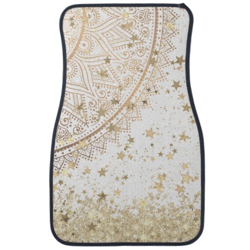 Lotus Mandala with Gold Stars Glitter on White  Car Floor Mat