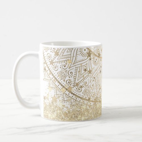 Lotus Mandala with Gold Stars Glitter on White  Coffee Mug