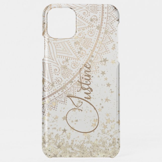 Lotus Mandala with Gold Stars Glitter Personalized Uncommon iPhone Case (Back)