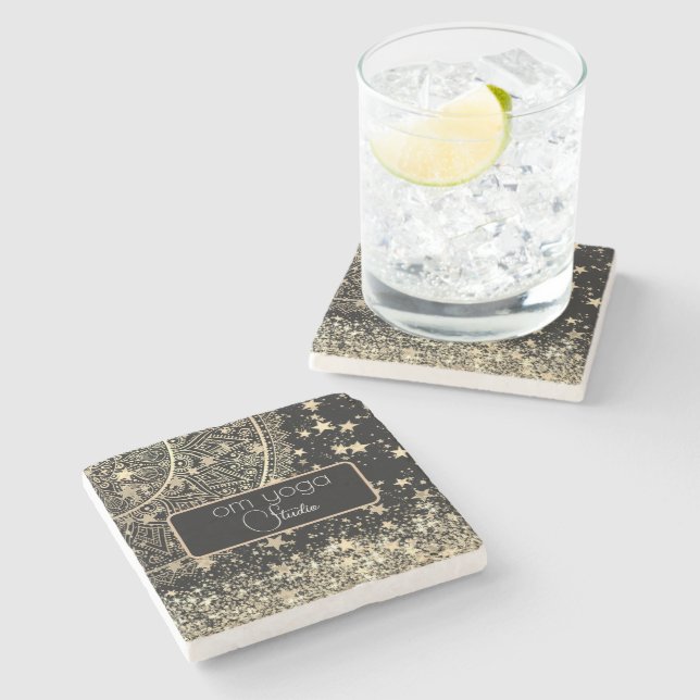 Lotus Mandala with Gold Stars on Black Customized  Stone Coaster (Side)