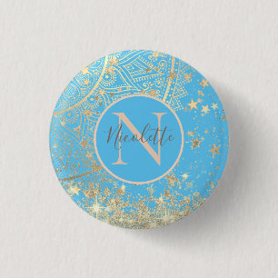 Lotus Mandala with Gold Stars on Blue Custom Button