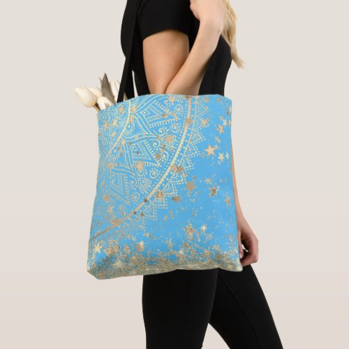 Lotus Mandala with Gold Stars on Turquoise   Tote Bag
