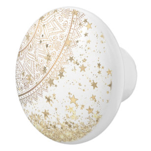 Lotus Mandala with Gold Stars on White Ceramic Knob