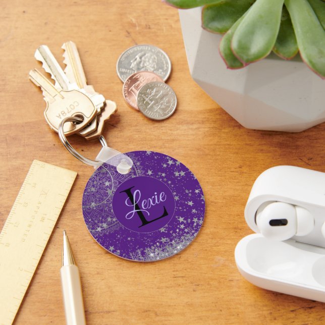 Lotus Mandala with Silver Stars on Purple Custom  Keychain (Desk)