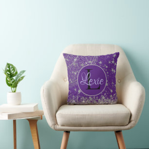 Lotus Mandala with Silver Stars on Purple   Throw Pillow
