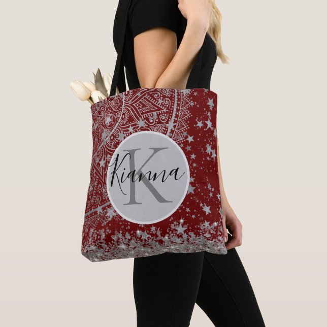 Lotus Mandala with Silver Stars on Red Personalize Tote Bag (Close Up)