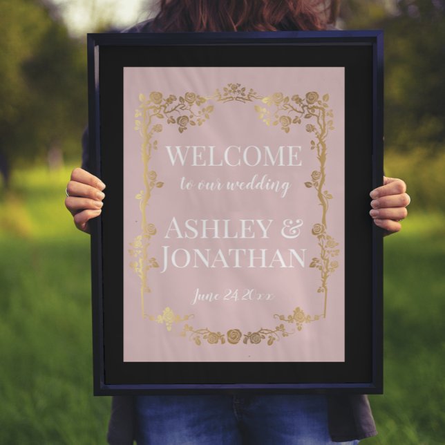 Lotus Pink and Gold Roses Frame Wedding Welcome   Poster (Creator Uploaded)