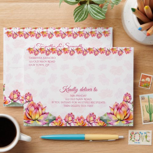 Lotus pink flowers Indian wedding matching 5x7  Envelope