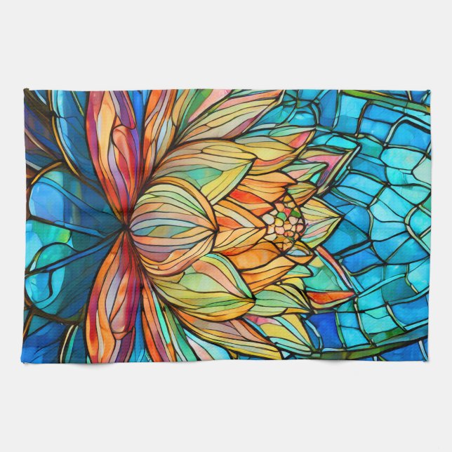 Lotus pink stained glass kitchen towel (Horizontal)