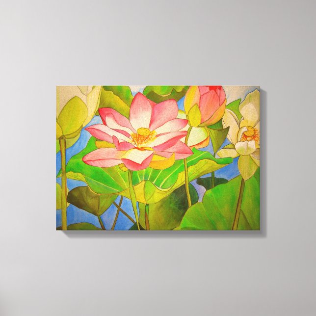 Lotus pink waterlily watercolor art painting canvas print (Front)