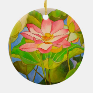 Lotus pink waterlily watercolor art painting ceramic ornament