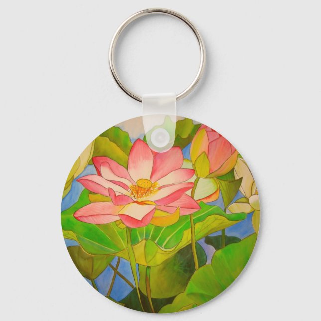 Lotus pink waterlily watercolor art painting keychain (Front)