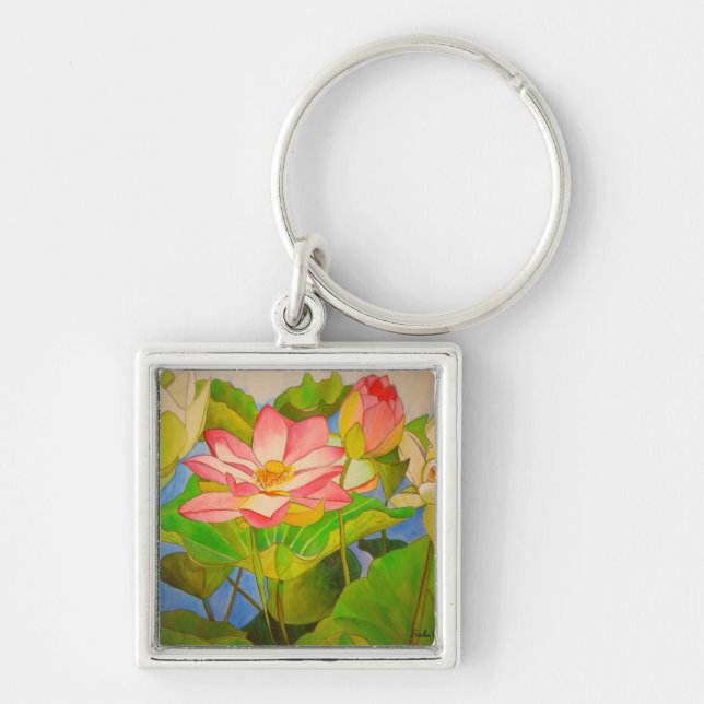 Lotus pink waterlily watercolor art painting keychain (Front)