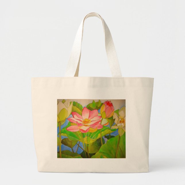 Lotus pink waterlily watercolor art painting large tote bag (Front)