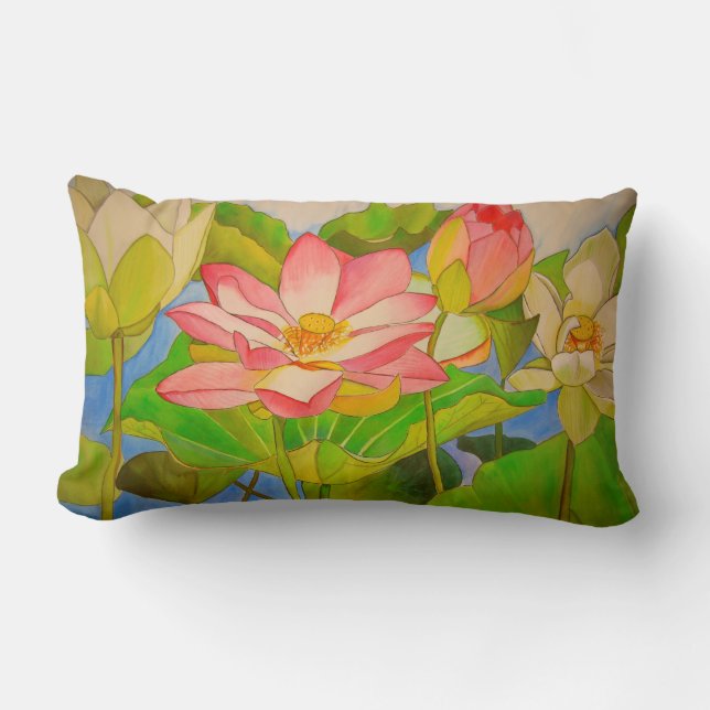 Lotus pink waterlily watercolor art painting lumbar pillow (Front)