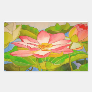 Lotus pink waterlily watercolor art painting rectangular sticker