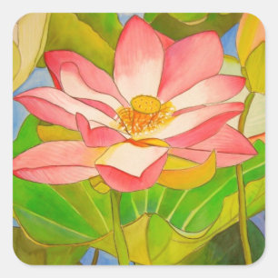 Lotus pink waterlily watercolor art painting square sticker