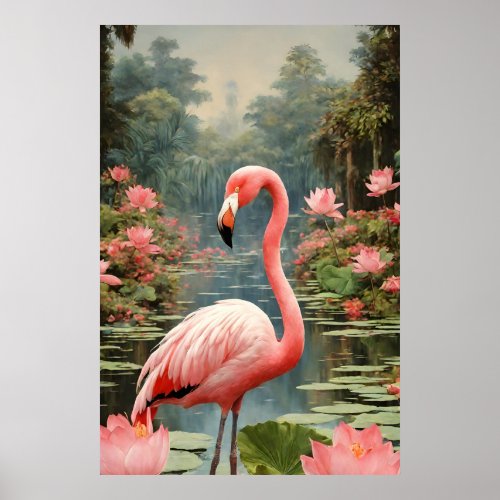 Lotus Pond Pink Flamingo Vintage Poster