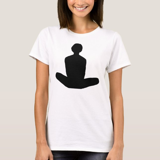 Lotus position  in black graphic T-Shirt (Front)