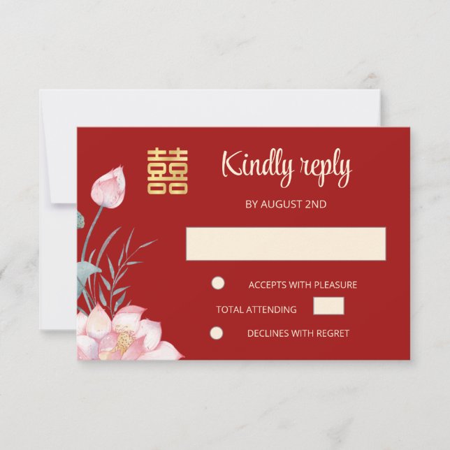 Lotus Red Chinese Wedding RSVP Invitation (Front)