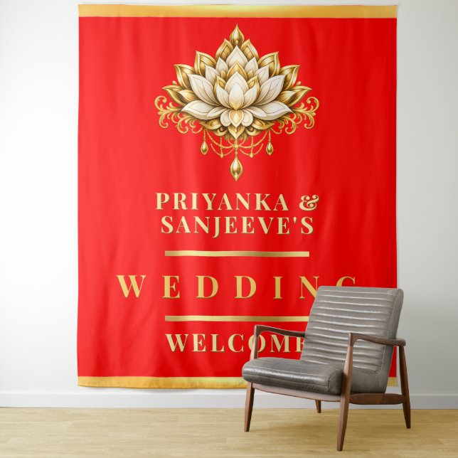 Lotus Red Gold Indian Wedding Photo backdrop (In Situ)