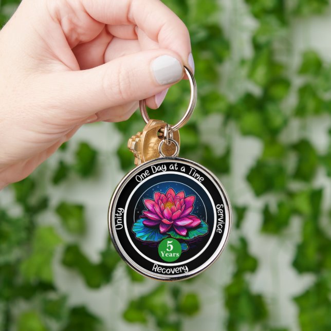 Lotus Sobriety Chip | Custom 12-Step Medallion Keychain (Hand)
