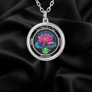 Lotus Sobriety Chip   Custom 12-Step Medallion Silver Plated Necklace