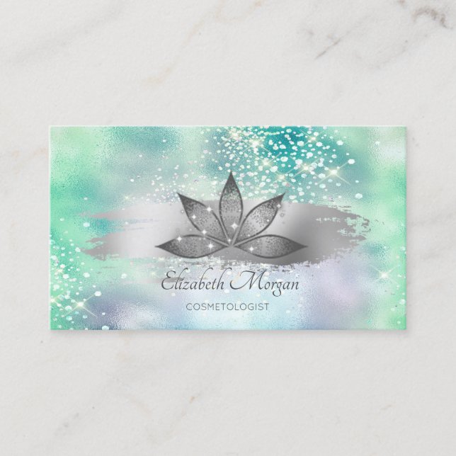 Lotus Sparkle Brush Stroke Green Holographic Business Card (Front)