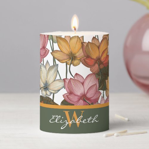 Lotus Water Lilies Pink Yellow Green Monogram Pillar Candle