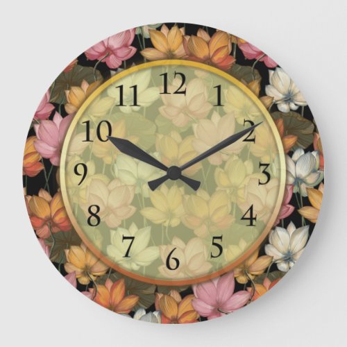 Lotus Water Lilies Pink Yellow White Green Floral  Large Clock