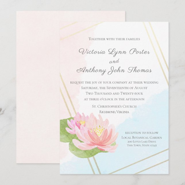 Lotus Watercolor Lake Wedding Invitation (Front/Back)