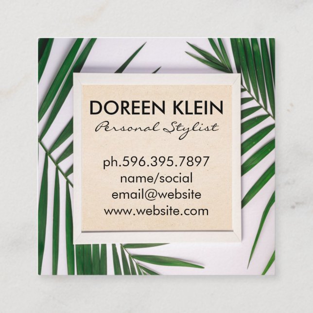 Lotus Woman | Green Leave Frame Square Business Card (Back)