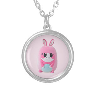 "Lou Lou". A cuddly, pink creature Silver Plated Necklace