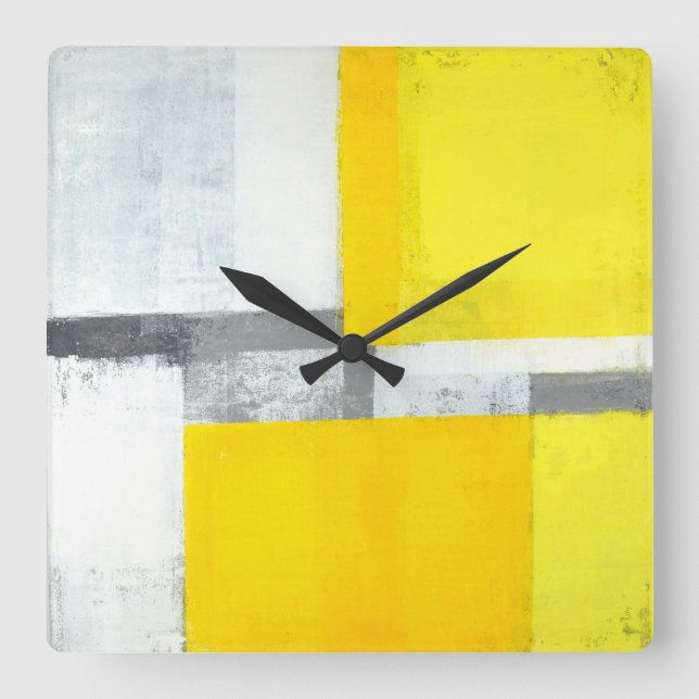 'Loud' Gray and Yellow Abstract Art Square Wall Clock (Front)