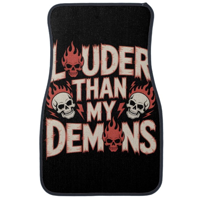 Louder Than My Demons: Gothic Skull and Flame Car Floor Mat (Front)