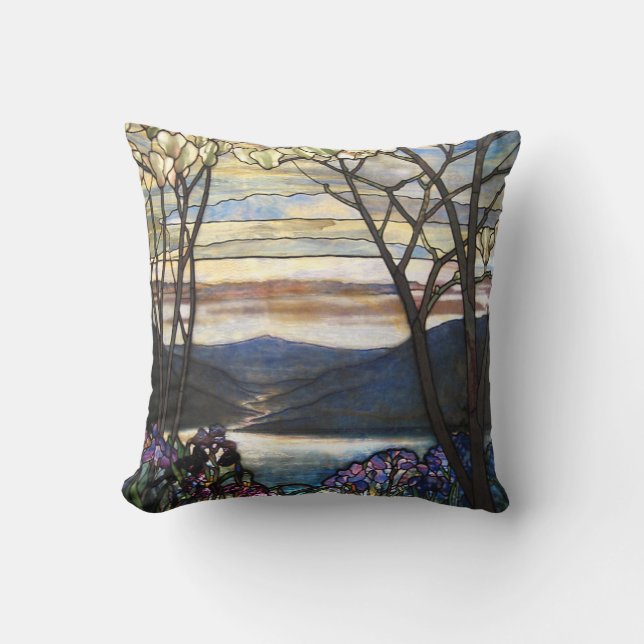 Louis Comfort Tiffany - Stained Glass 4 Magnolias Throw Pillow (Front)