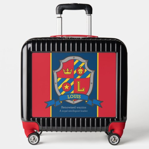 Louis name meaning letter L red blue crest lion Luggage