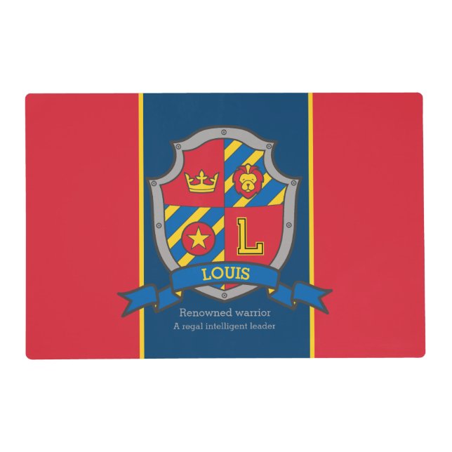 Louis name meaning letter L red blue crest lion Placemat (Front)
