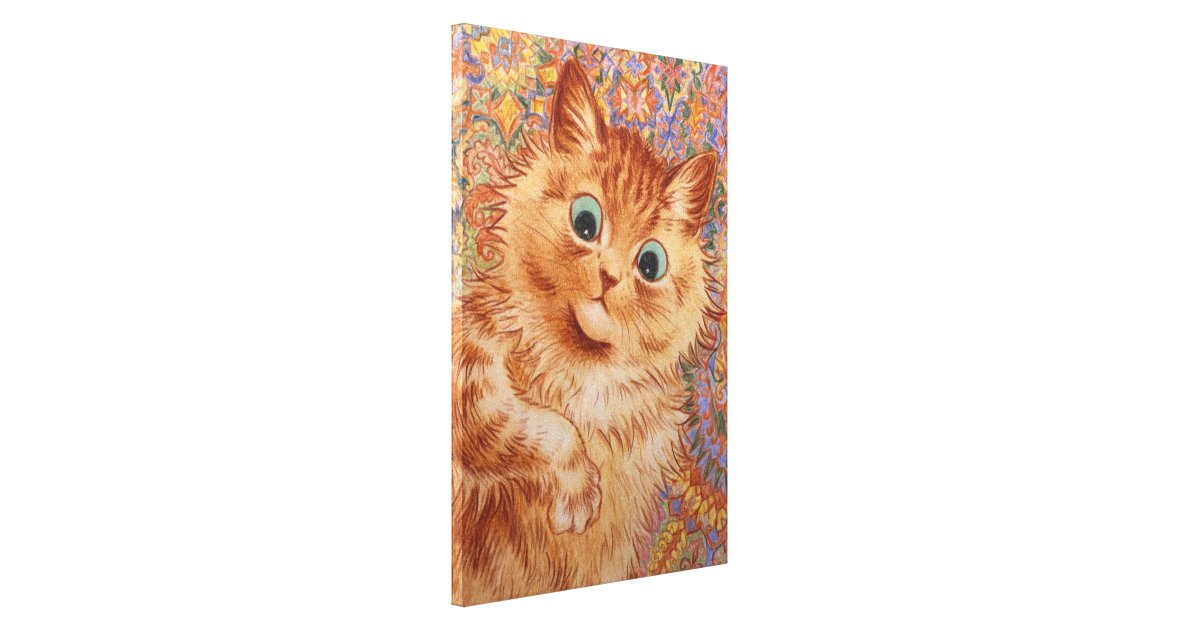Louis Wain Psychedelic Red & Green Pet Cat Painting Fine Art Real  Canvas Print