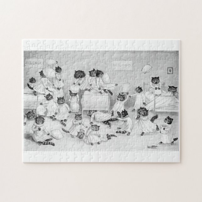 Louis Wain Cat Art Be Good cat pillow fight Jigsaw Puzzle (Horizontal)