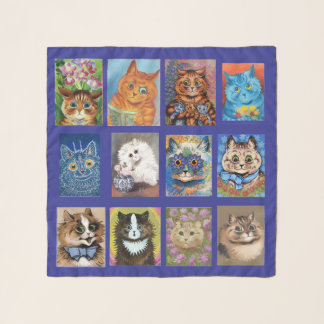 Louis Wain Cat Art Collage on Blue Scarf
