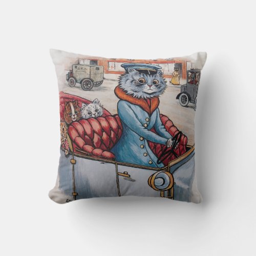 Louis Wain _ Cat Chauffeur with Kittens Throw Pillow