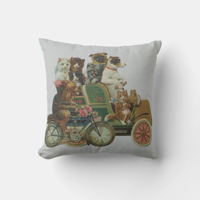 Louis Wain Cats and Dogs in Antique Car Throw Pillow (Front)