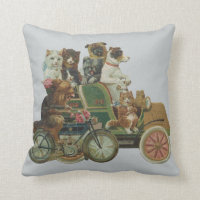Louis Wain Cats and Dogs in Antique Car Throw Pillow